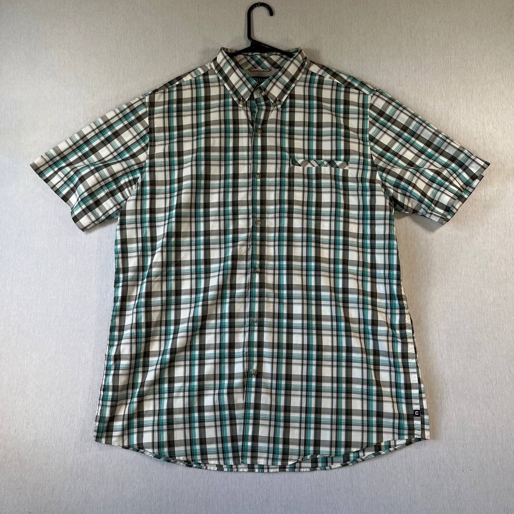 Chaps Mens XL Short Sleeve Plaid Button Down Shirt Teal Brown White Outdoor